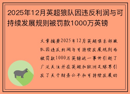 2025年12月英超狼队因违反利润与可持续发展规则被罚款1000万英镑