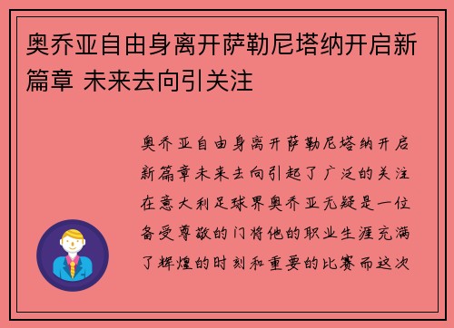 奥乔亚自由身离开萨勒尼塔纳开启新篇章 未来去向引关注