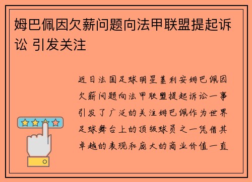 姆巴佩因欠薪问题向法甲联盟提起诉讼 引发关注